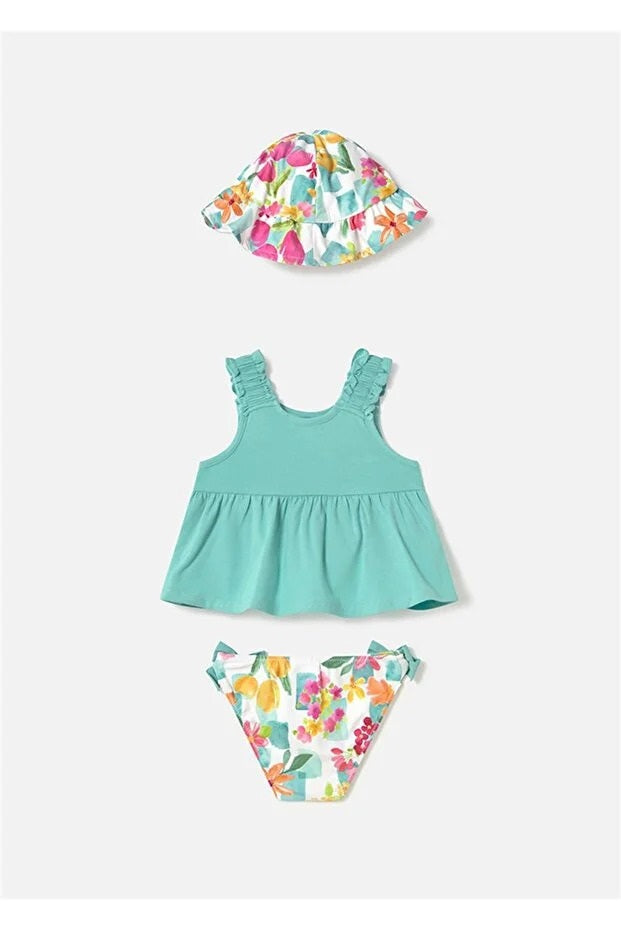 Mayoral kız bebek  bikini altı şapka tişört 3 lü sert