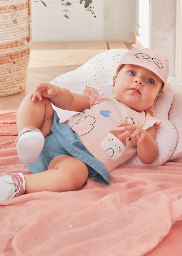 Mayoral kız bebek yazlık tişört denim etek şort 2 li takım 1859