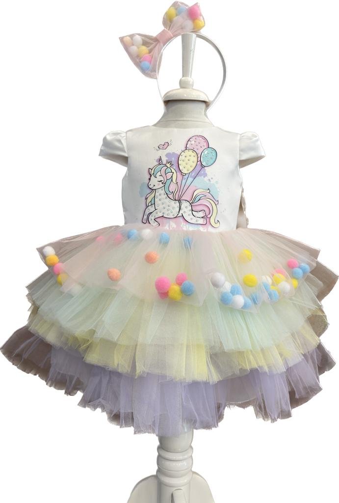 Kız  bebek unicorn ponponlu taçlı elbise