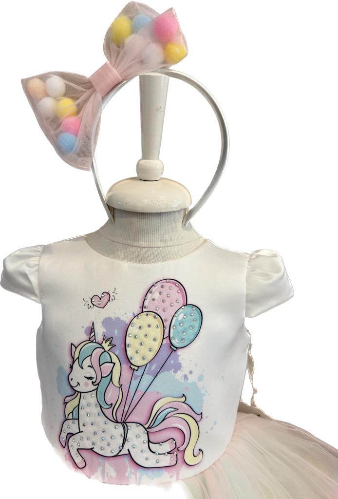Kız  bebek unicorn ponponlu taçlı elbise