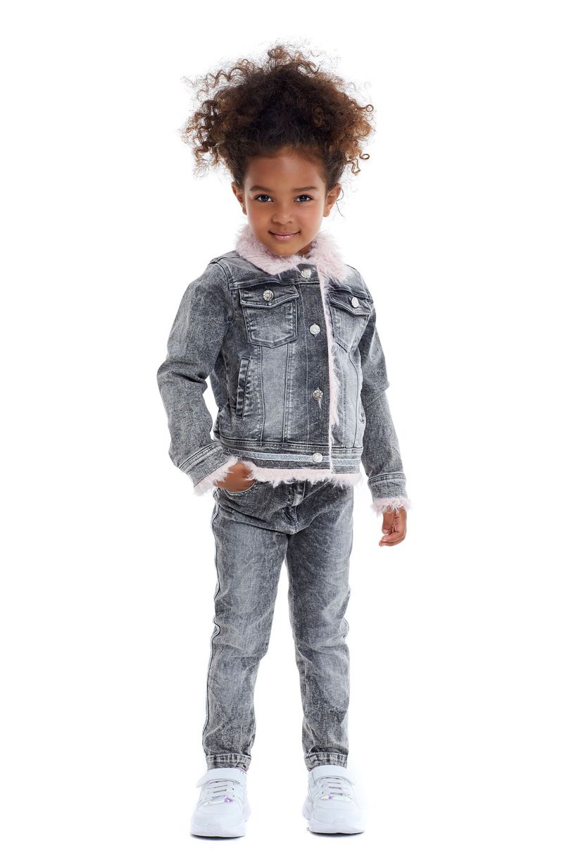 Kız çocuk  denim pamuk astarlı mont pantolon 2 li takım