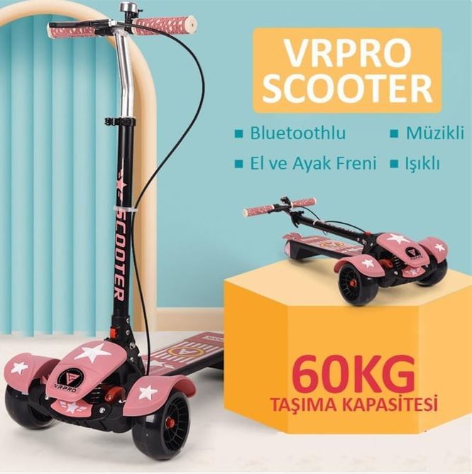 Vrpro Scooter Bluetoothlu Müzikli ve Led Işıklı Frenli Pembe